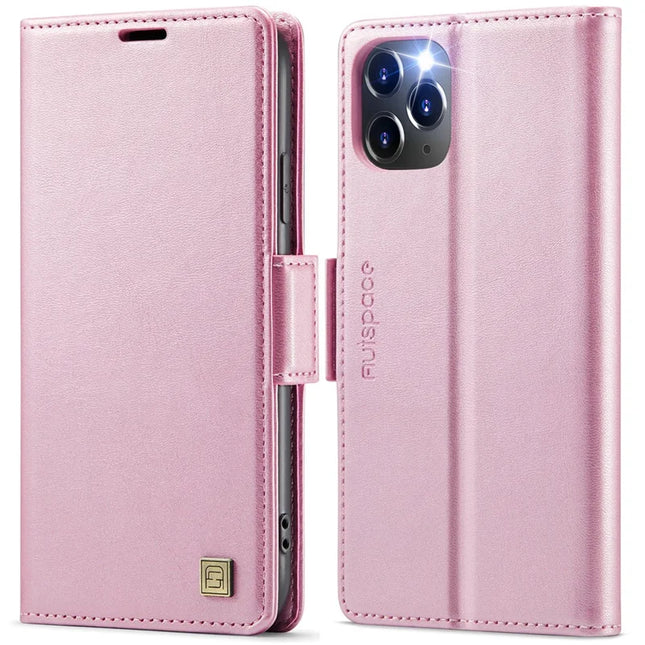 For iPhone 11 Pro Max Case AUTSPACE A11 RFID Blocking Retro Leather Cell Phone Wallet Cover - Pink