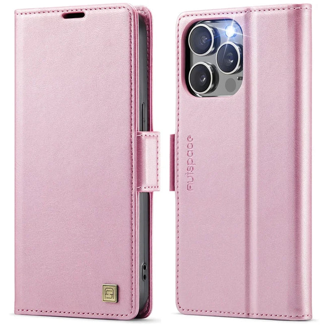 For iPhone 12 Pro Max 6.7 inch Case AUTSPACE A11 RFID Blocking Retro Leather Cell Phone Wallet Cover - Pink