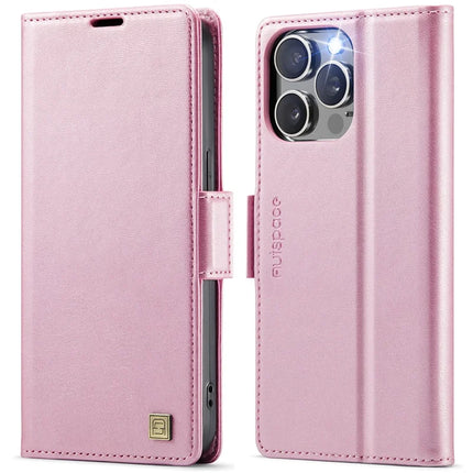 For iPhone 13 Pro Max 6.7 inch Case AUTSPACE A11 RFID Blocking Retro Leather Cell Phone Wallet Cover - Pink