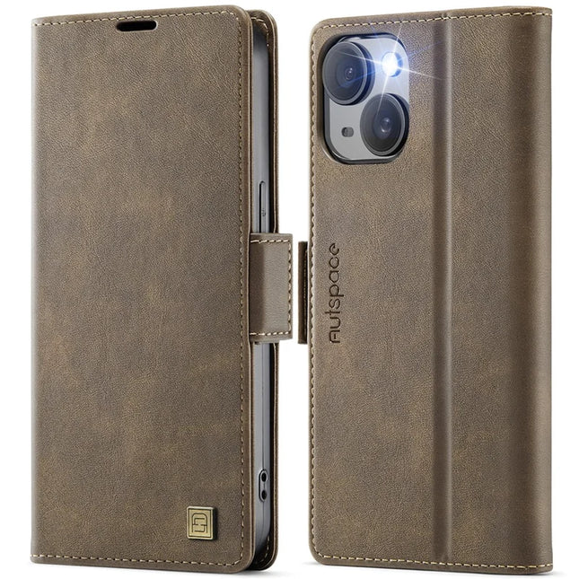 For iPhone 13 6.1 inch Case AUTSPACE A11 RFID Blocking Retro Leather Cell Phone Wallet Cover - Brown
