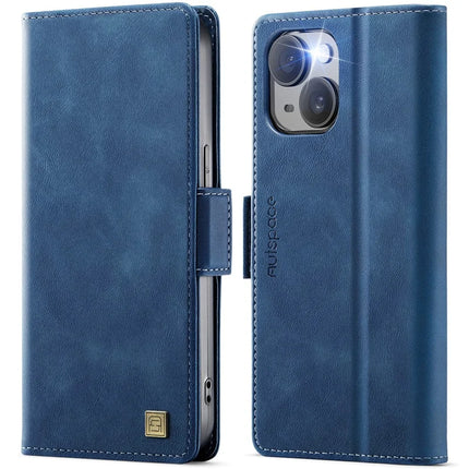 For iPhone 13 6.1 inch Case AUTSPACE A11 RFID Blocking Retro Leather Cell Phone Wallet Cover - Blue