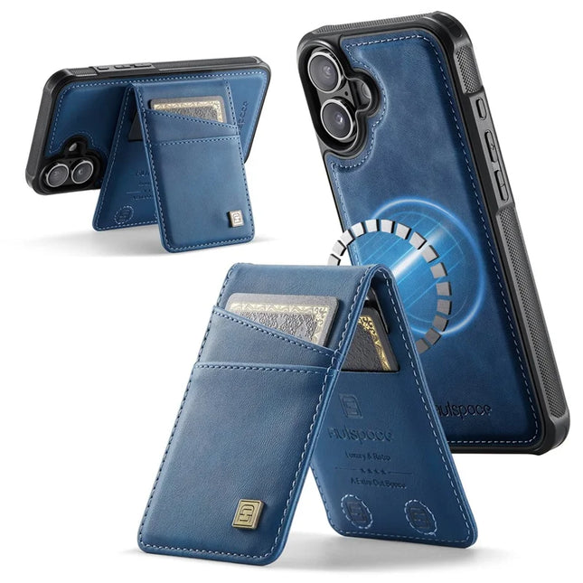 For iPhone 16 Plus Case AUTSPACE A12 Leather Phone Case with Detachable Card Bag - Blue