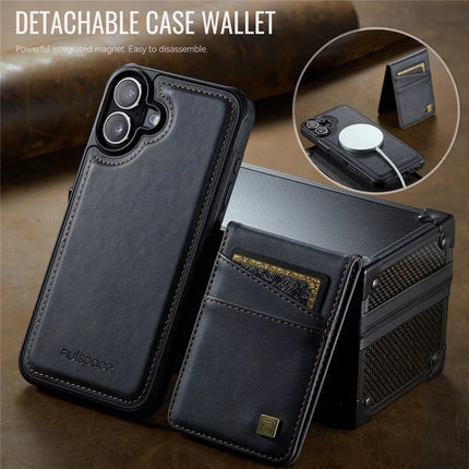 For iPhone 16 Plus Case AUTSPACE A12 Leather Phone Case with Detachable Card Bag