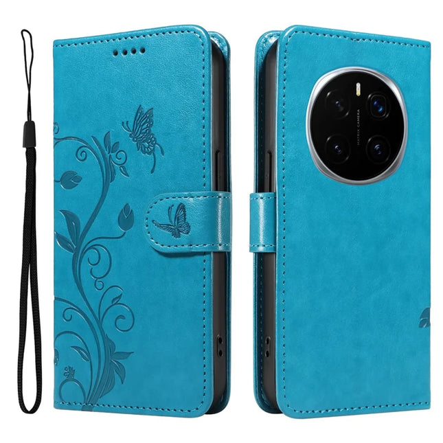 For Honor Magic7 Pro 5G PU Leather Case Flower Pattern Wallet Stand Phone Cover - Blue
