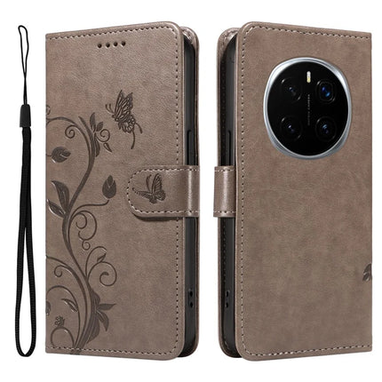 For Honor Magic7 Pro 5G PU Leather Case Flower Pattern Wallet Stand Phone Cover - Grey