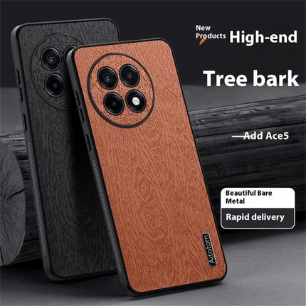 For OnePlus Ace 5 5G Case Wood Texture PU Leather Coated PC TPU Phone Cover