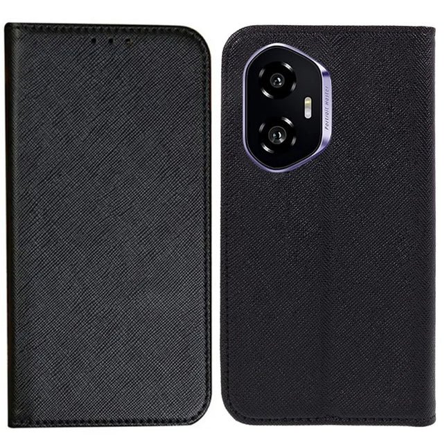 For Honor 300 Case Cross Texture Leather Phone Cover Hidden Magnetic - Black