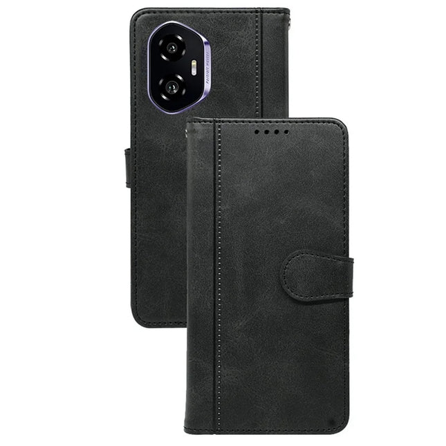 For Honor 300 Case Calf Texture Leather Stand Book Style Phone Cover - Black
