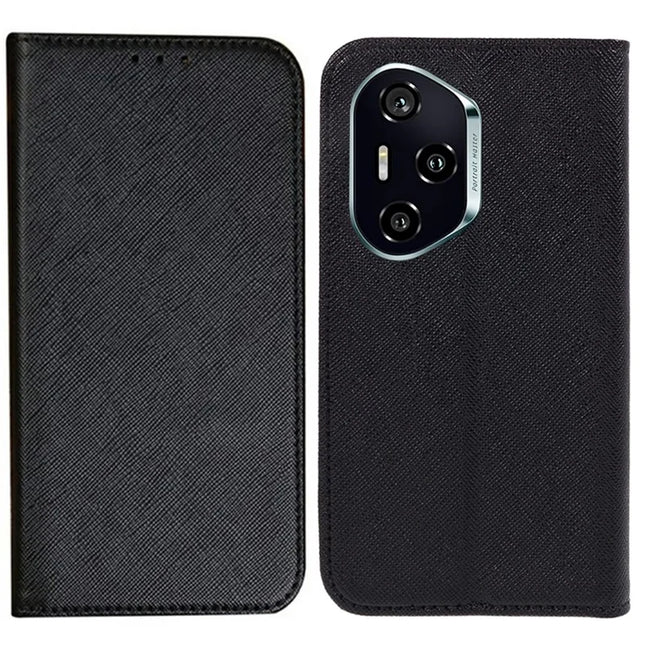 For Honor 300 Pro Case Cross Texture Leather Phone Cover Hidden Magnetic - Black