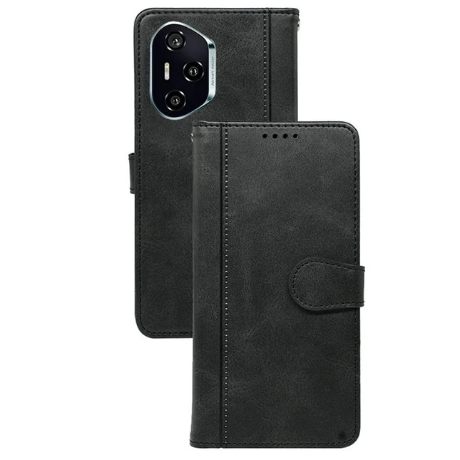 For Honor 300 Pro Case Calf Texture Leather Stand Book Style Phone Cover - Black