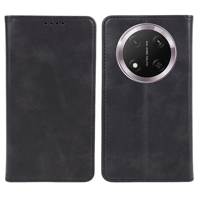 For Honor Magic7 Lite 5G / X9c 5G / X60 Pro 5G Case Strong Magnetic PU Leather Phone Cover Calf Texture - Black