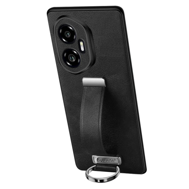SULADA Fashion Series for Honor 300 Case Wristband Kickstand Leather Back Phone Cover - Black