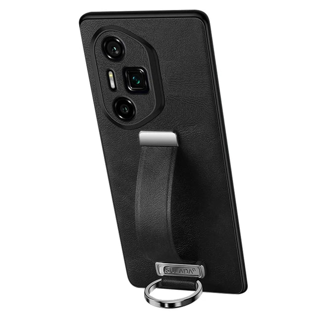 SULADA Fashion Series for Honor 300 Ultra Case Wristband Kickstand Leather Back Phone Cover - Black