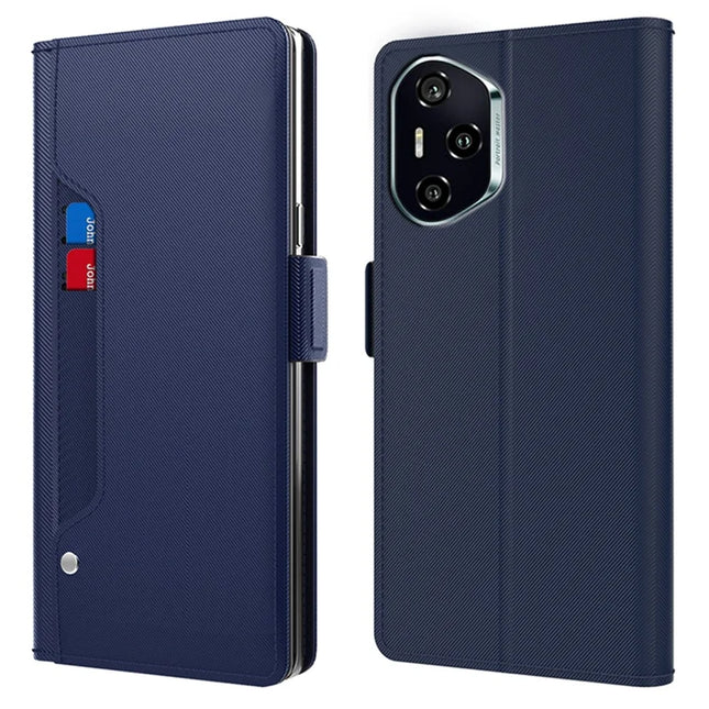 For Honor 300 Pro / 300 Ultra Case Stand PU Leather Phone Cover Card Holder Mirror - Blue
