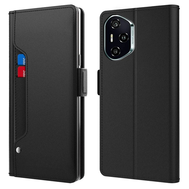 For Honor 300 Pro / 300 Ultra Case Stand PU Leather Phone Cover Card Holder Mirror - Black