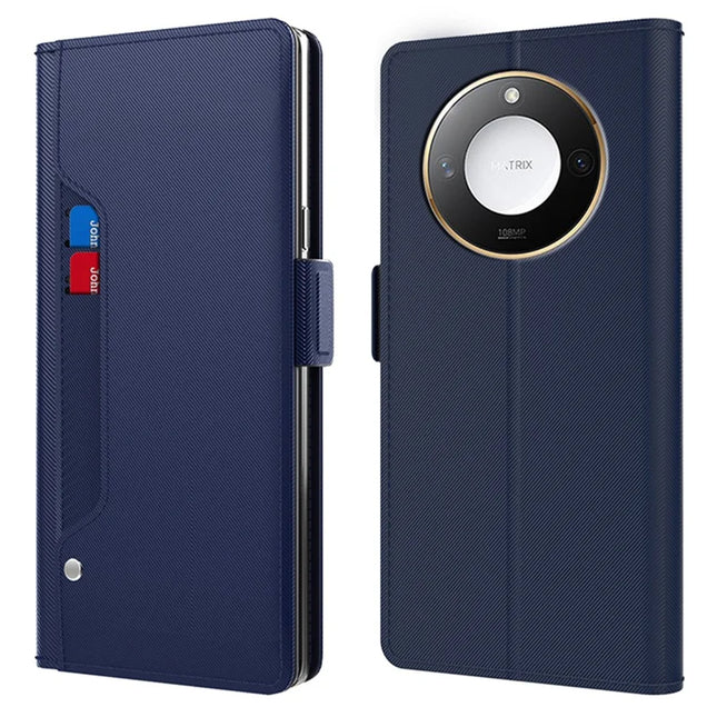 For Honor X9c Smart 5G / X60 5G Case Stand PU Leather Phone Cover Card Holder Mirror - Blue