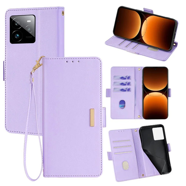 For Realme GT 7 Pro 5G Leather Wallet Case RFID Blocking Stand Cover with Hand Strap - Purple