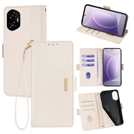 For Honor 300 Leather Wallet Case RFID Blocking Stand Cover with Hand Strap - White
