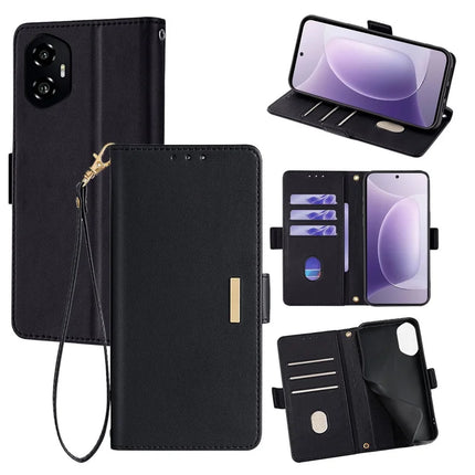 For Honor 300 Leather Wallet Case RFID Blocking Stand Cover with Hand Strap - Black