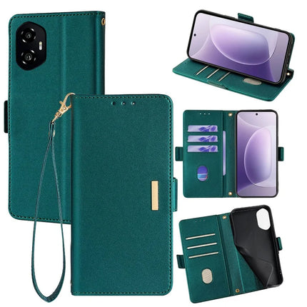 For Honor 300 Leather Wallet Case RFID Blocking Stand Cover with Hand Strap - Green