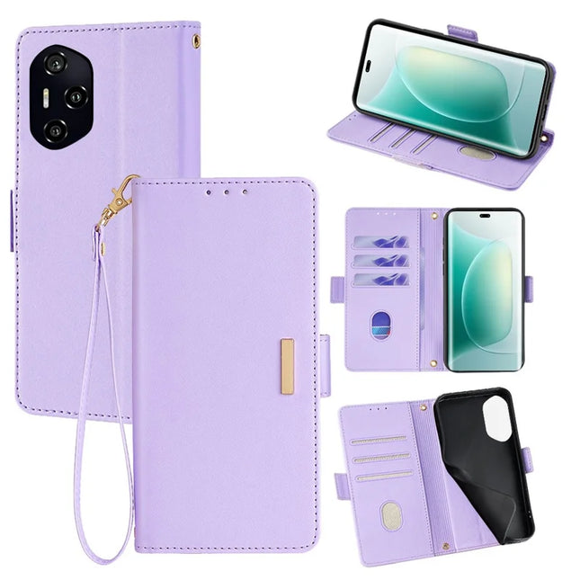 For Honor 300 Pro Leather Wallet Case RFID Blocking Stand Cover with Hand Strap - Purple