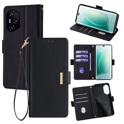 For Honor 300 Pro Leather Wallet Case RFID Blocking Stand Cover with Hand Strap - Black