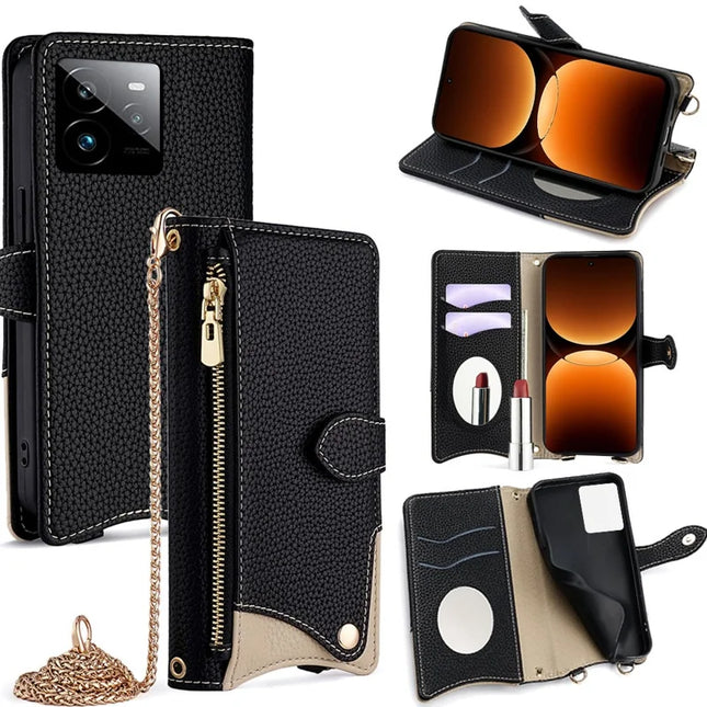 For Realme GT 7 Pro 5G Leather Case Wallet Stand Cover Irregular Tail Style with Chain Strap - Black