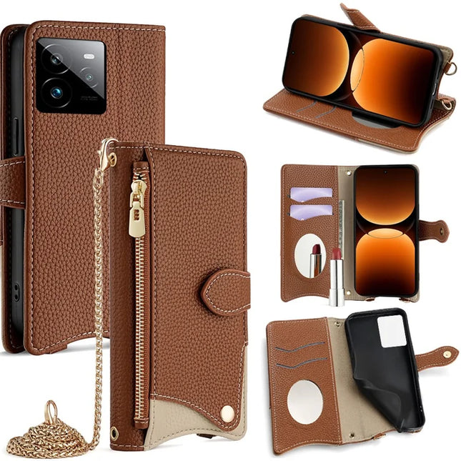 For Realme GT 7 Pro 5G Leather Case Wallet Stand Cover Irregular Tail Style with Chain Strap - Brown