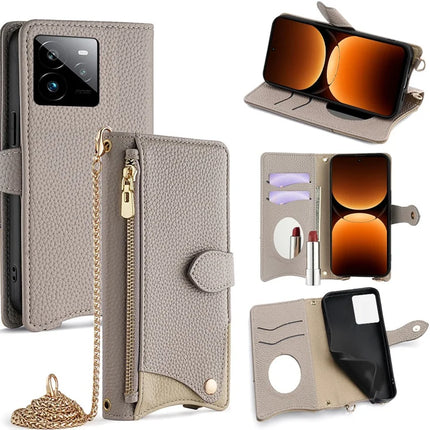 For Realme GT 7 Pro 5G Leather Case Wallet Stand Cover Irregular Tail Style with Chain Strap - Grey
