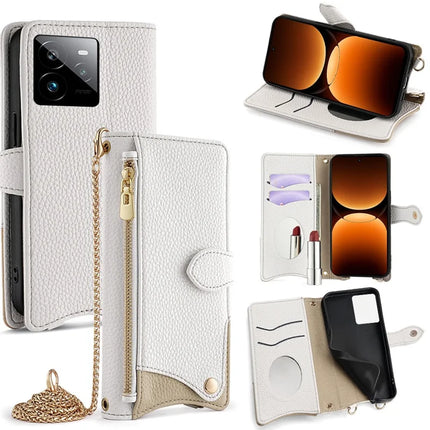 For Realme GT 7 Pro 5G Leather Case Wallet Stand Cover Irregular Tail Style with Chain Strap - White