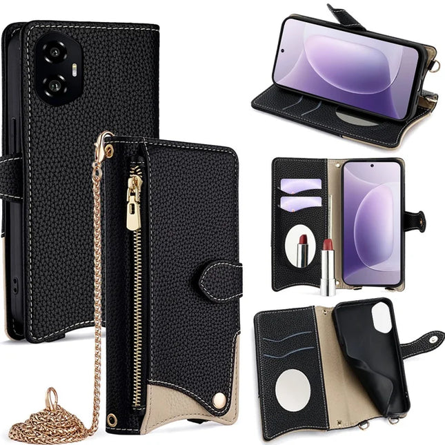 For Honor 300 Leather Case Wallet Stand Cover Irregular Tail Style with Chain Strap - Black