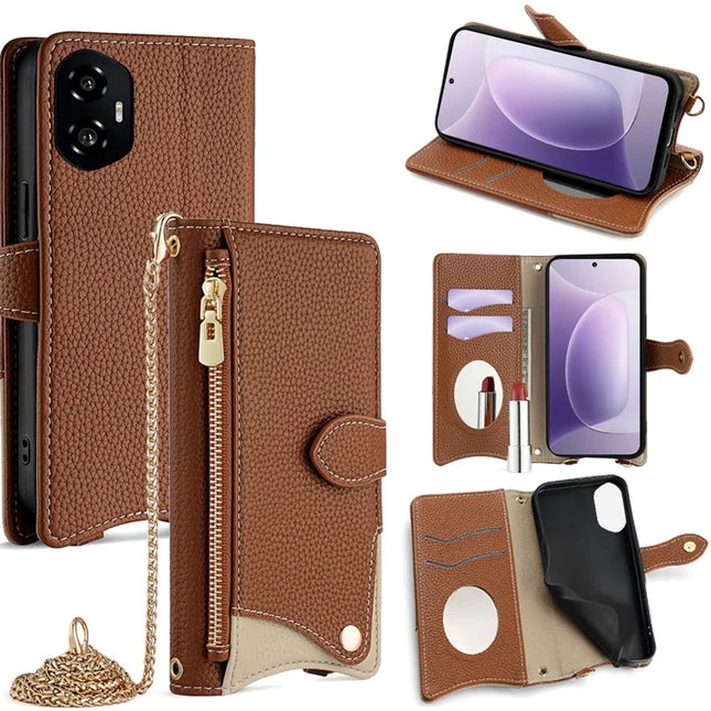 For Honor 300 Leather Case Wallet Stand Cover Irregular Tail Style with Chain Strap - Brown