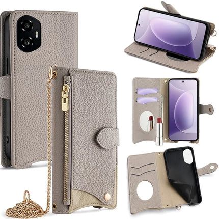 For Honor 300 Leather Case Wallet Stand Cover Irregular Tail Style with Chain Strap - Grey