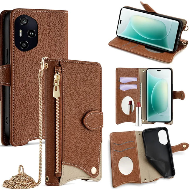 For Honor 300 Pro Leather Case Wallet Stand Cover Irregular Tail Style with Chain Strap - Brown