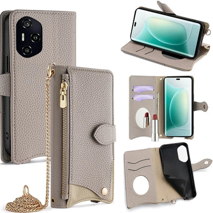 For Honor 300 Pro Leather Case Wallet Stand Cover Irregular Tail Style with Chain Strap - Grey
