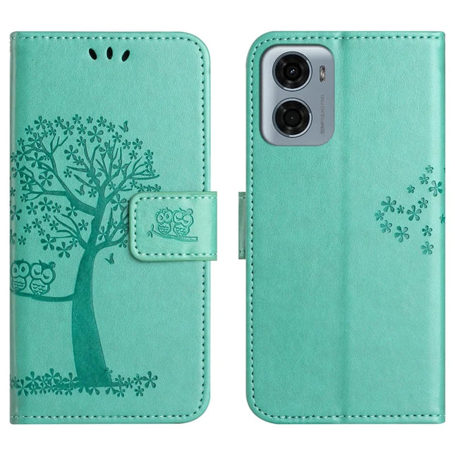 For Motorola Moto E15 4G  /  G05 4G Case PU Leather Owl Tree Imprinted Wallet Phone Cover - Cyan