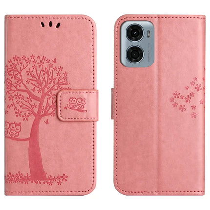 For Motorola Moto E15 4G  /  G05 4G Case PU Leather Owl Tree Imprinted Wallet Phone Cover - Pink