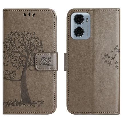 For Motorola Moto E15 4G  /  G05 4G Case PU Leather Owl Tree Imprinted Wallet Phone Cover - Grey