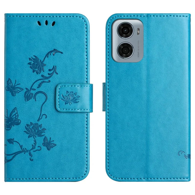 For Motorola Moto E15 4G  /  G05 4G Case Wallet Stand Imprinted Butterfly Flower PU Leather Phone Cover - Blue