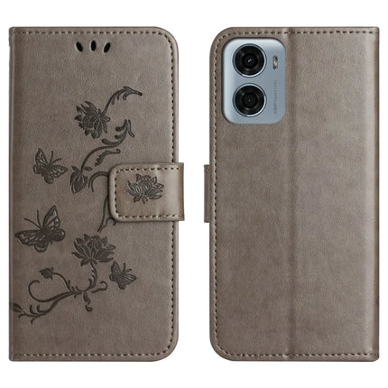 For Motorola Moto E15 4G  /  G05 4G Case Wallet Stand Imprinted Butterfly Flower PU Leather Phone Cover - Grey