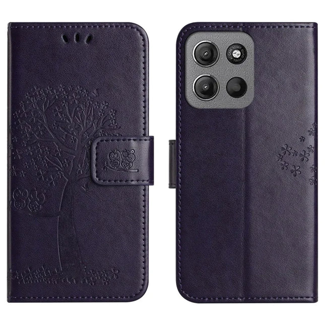 For Motorola Moto G15 4G  /  G15 Power 4G Case PU Leather Owl Tree Imprinted Wallet Phone Cover - Dark Blue