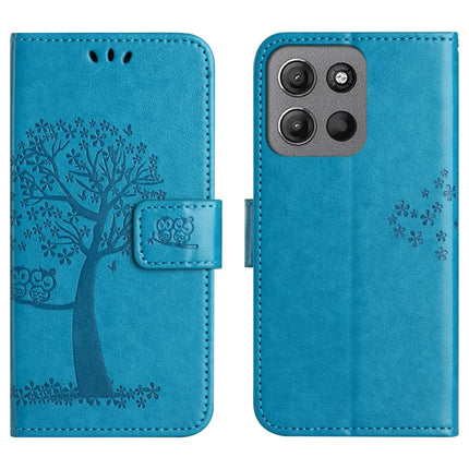 For Motorola Moto G15 4G  /  G15 Power 4G Case PU Leather Owl Tree Imprinted Wallet Phone Cover - Blue