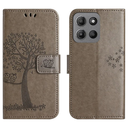 For Motorola Moto G15 4G  /  G15 Power 4G Case PU Leather Owl Tree Imprinted Wallet Phone Cover - Grey