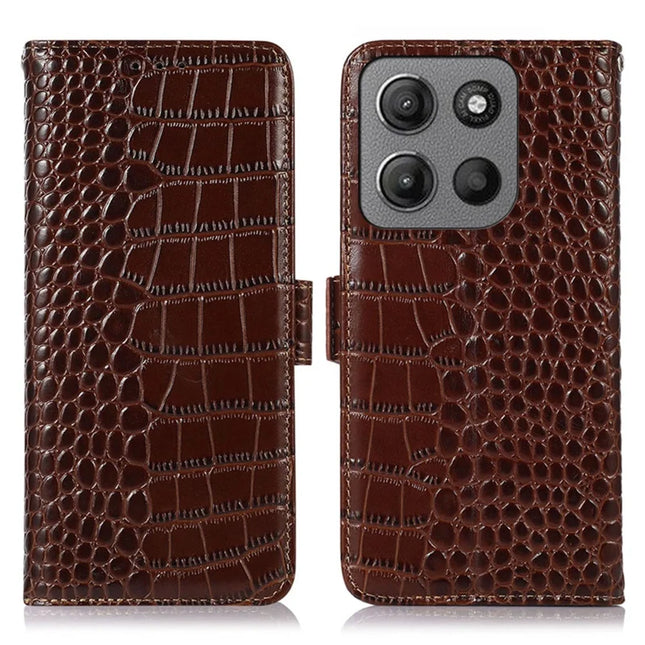 For Motorola Moto G15 4G  /  G05 4G Case Crocodile Texture Genuine Cow Leather Phone Wallet Cover - Brown