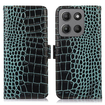 For Motorola Moto G15 4G  /  G05 4G Case Crocodile Texture Genuine Cow Leather Phone Wallet Cover - Green