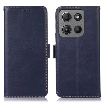 For Motorola Moto G15 4G  /  G05 4G Case RFID Blocking Genuine Cow Leather Wallet Phone Cover - Blue