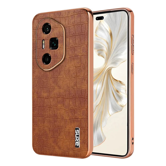AZNS For Honor 300 Ultra Case Electroplating Crocodile Texture PU + TPU Phone Cover - Brown