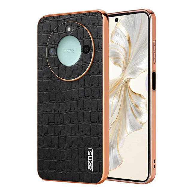 AZNS For Honor X60 5G Case Electroplating Crocodile Texture PU + TPU Phone Cover - Black