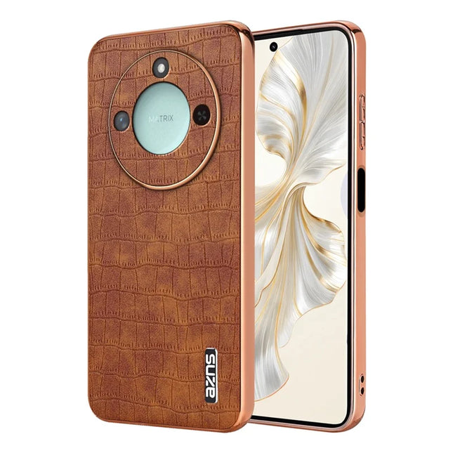 AZNS For Honor X60 5G Case Electroplating Crocodile Texture PU + TPU Phone Cover - Brown