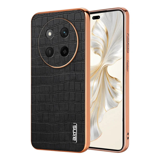 AZNS For Honor X60 Pro 5G Case Electroplating Crocodile Texture PU + TPU Phone Cover - Black